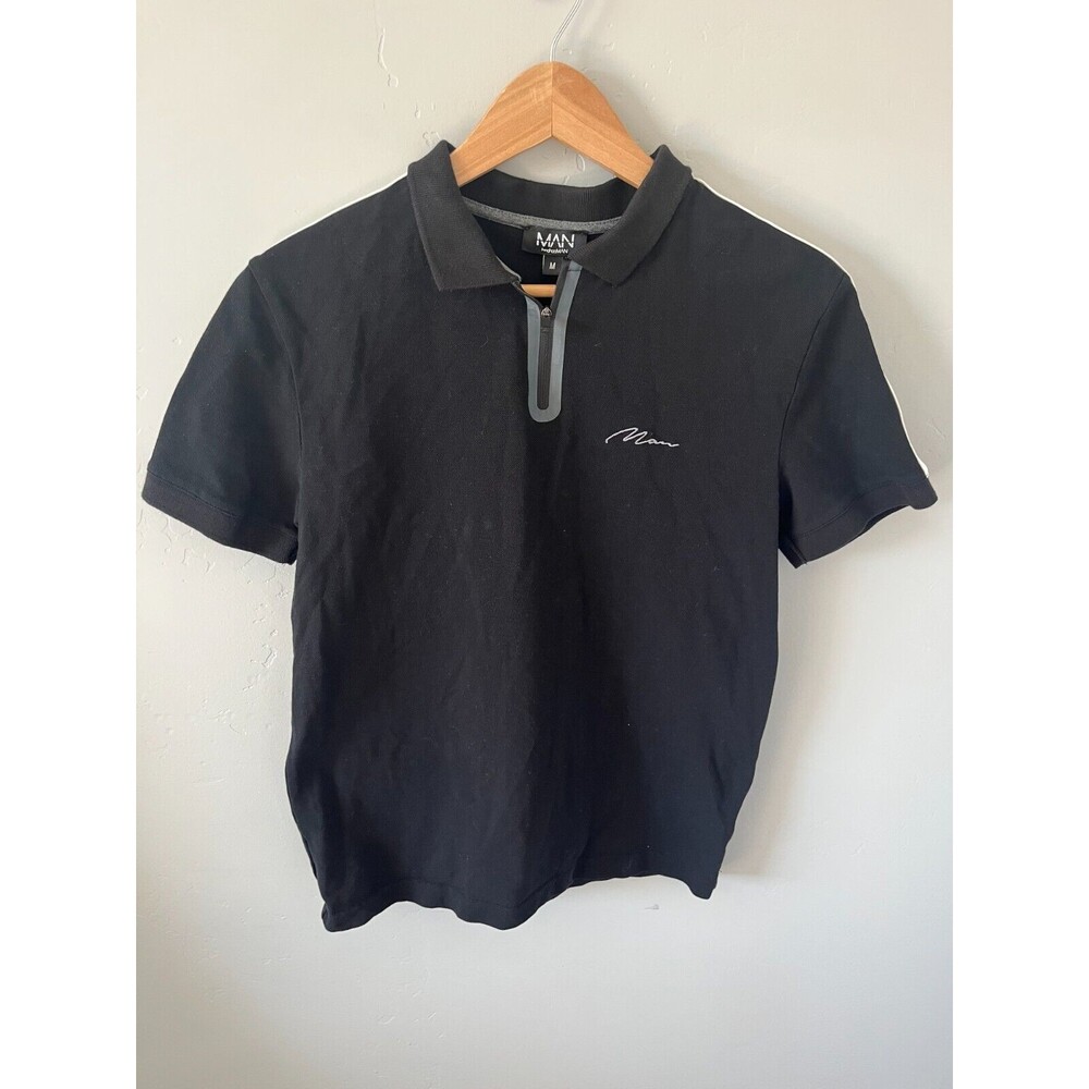 BooHoo Man Men‎ Polo Shirt Medium Black 1/2 Zip Short Sleeve